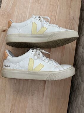Veja Campo Sneakers in Off-White with Pale Yellow V Logo